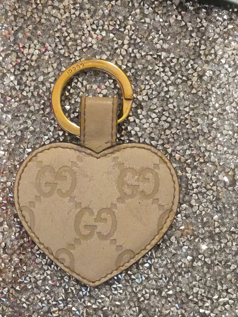 Gucci Beige Monogram Heart Keyring with Gold Hardware